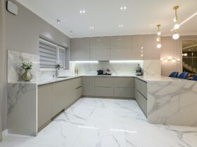 Luxury white modern marble kitchen in studio space