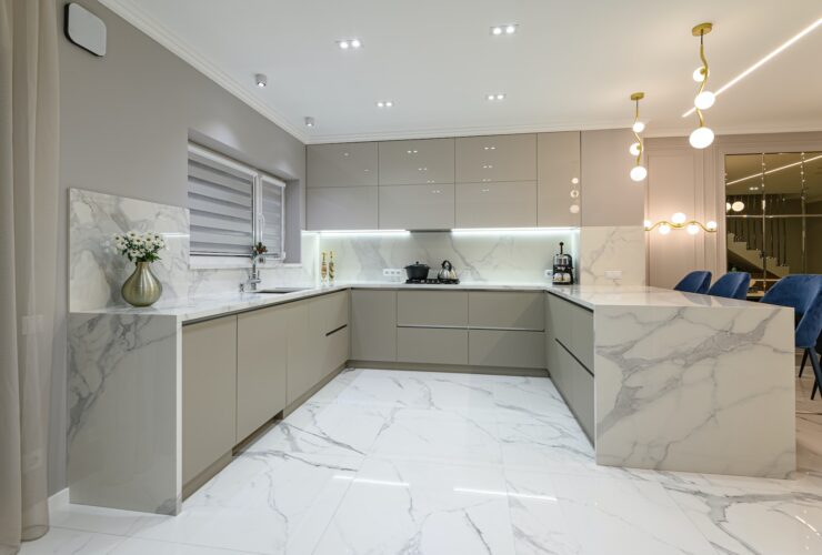 Luxury white modern marble kitchen in studio space