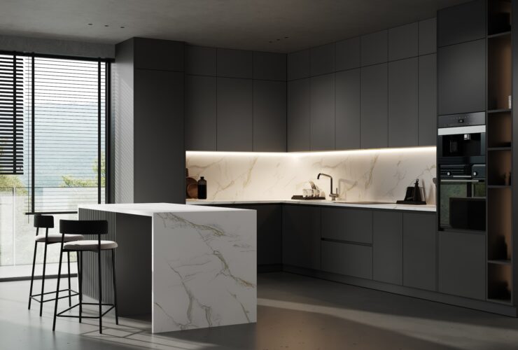 Minimal style black kitchen, 3d rendering