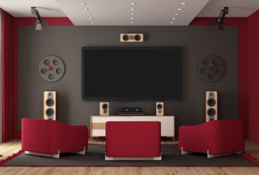 Modern home cinema with flat tv and audio equipment