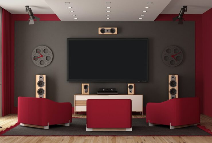 Modern home cinema with flat tv and audio equipment