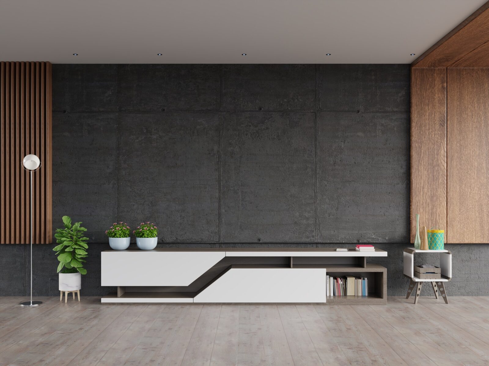 Mortar rack TV with cement screen wall on the wall in modern living room.