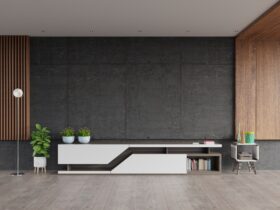 Mortar rack TV with cement screen wall on the wall in modern living room.