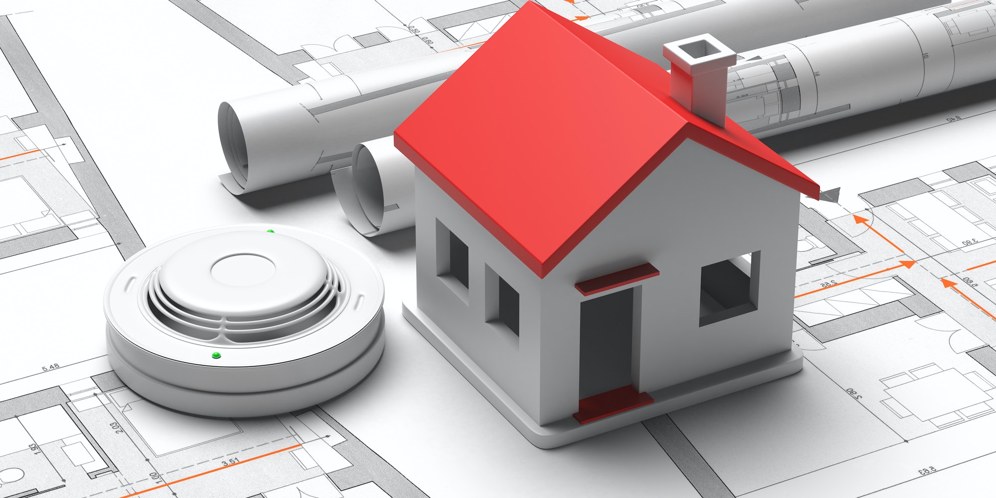 Smoke detector and small house on blueprint drawing background. Fire safety system. 3d illustration