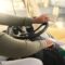Truck driver man, steering wheel and delivery van cargo, shipping logistics and trade industry supp
