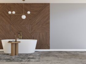 Beautiful and modern bathroom. Wooden panels. Bathtub. Home interior