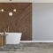 Beautiful and modern bathroom. Wooden panels. Bathtub. Home interior