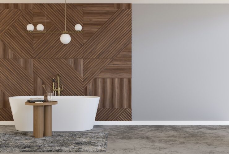 Beautiful and modern bathroom. Wooden panels. Bathtub. Home interior