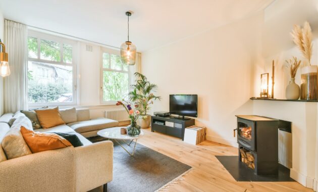 Cozy living room with beige sofa
