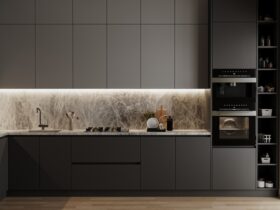 Modern dark grey kitchen interior, 3d rendering