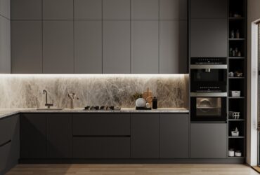 Modern dark grey kitchen interior, 3d rendering