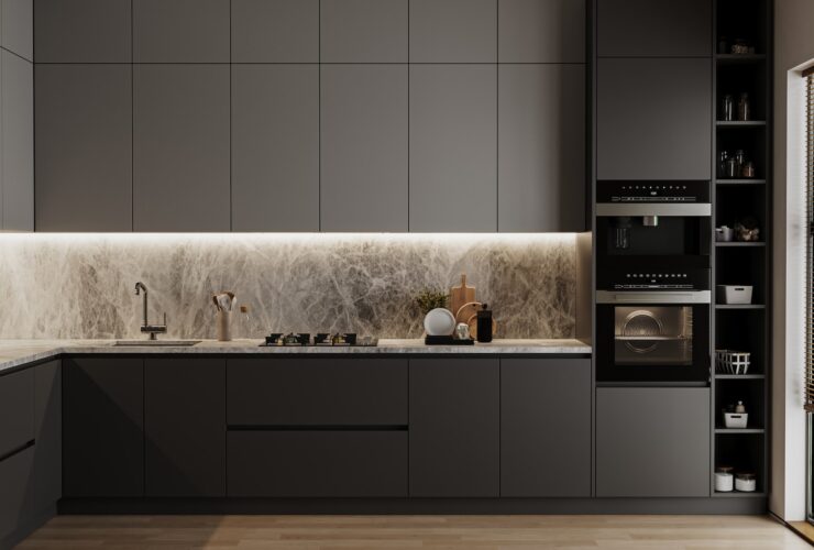 Modern dark grey kitchen interior, 3d rendering