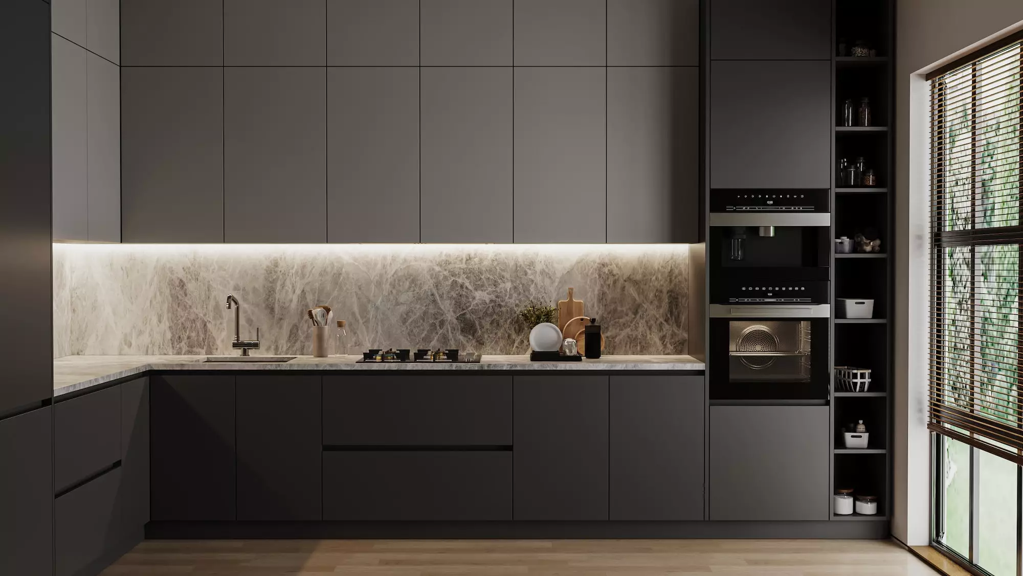 Modern dark grey kitchen interior, 3d rendering