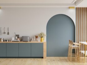 Modern style kitchen interior design with dark blue wall,dining room interior design