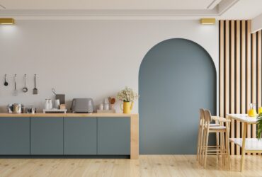Modern style kitchen interior design with dark blue wall,dining room interior design