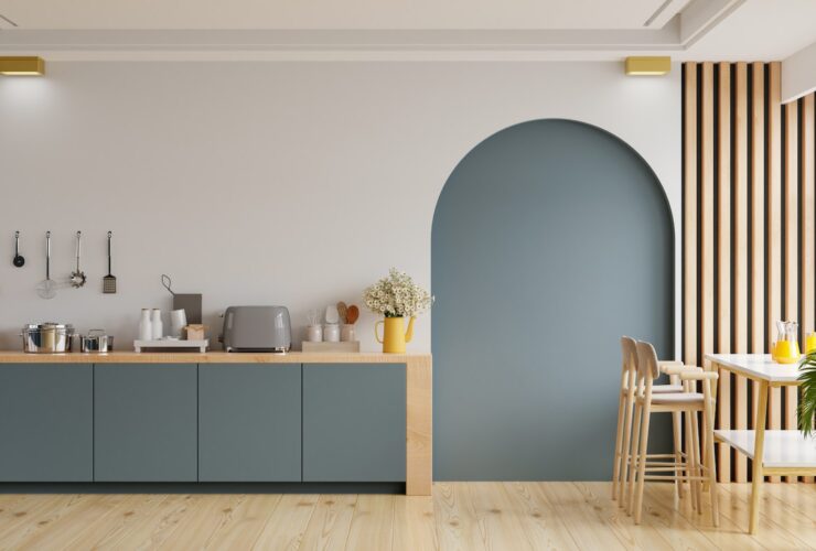 Modern style kitchen interior design with dark blue wall,dining room interior design