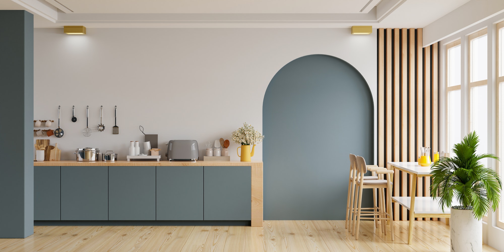 Modern style kitchen interior design with dark blue wall,dining room interior design