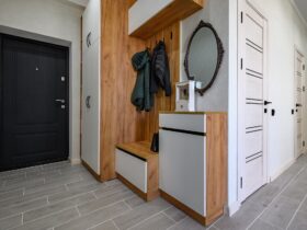 Small entrance hallway interior with shoe storage, hanger stand and mirror