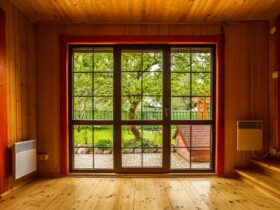 Big window showcase wooden interior