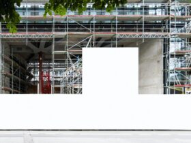 Construction site with blank construction fence mockup