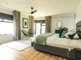 Interior of modern bedroom with furniture at home