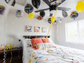 Graduation balloons in a bedroom