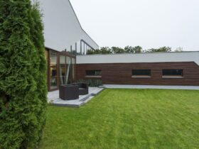 Spacious backyard with porch