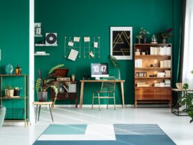 Teal interior with modern workspace