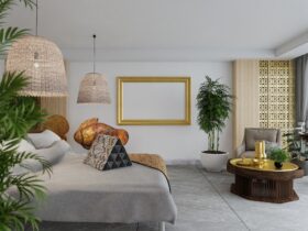 3D illustration Mockup photo frame in bedroom, rendering