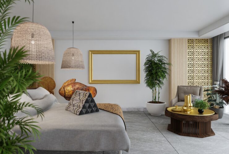 3D illustration Mockup photo frame in bedroom, rendering