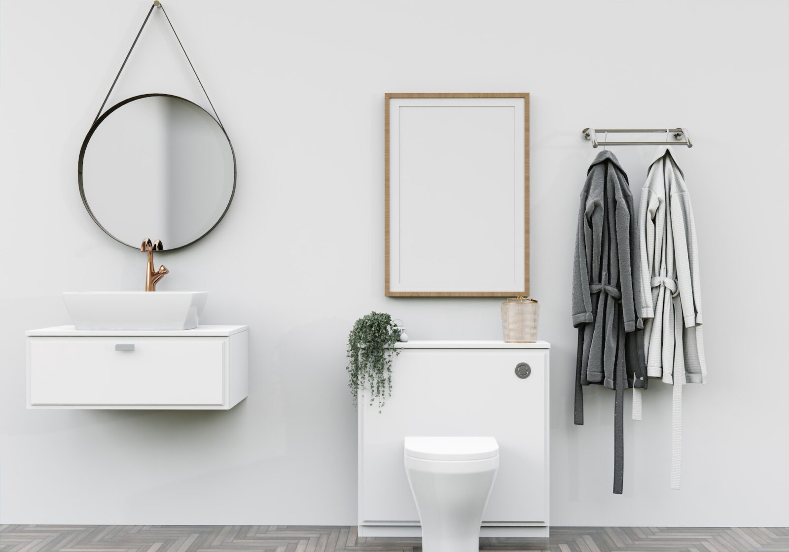 Bathroom with washbasin with bathrobes and wall mounted photo frame