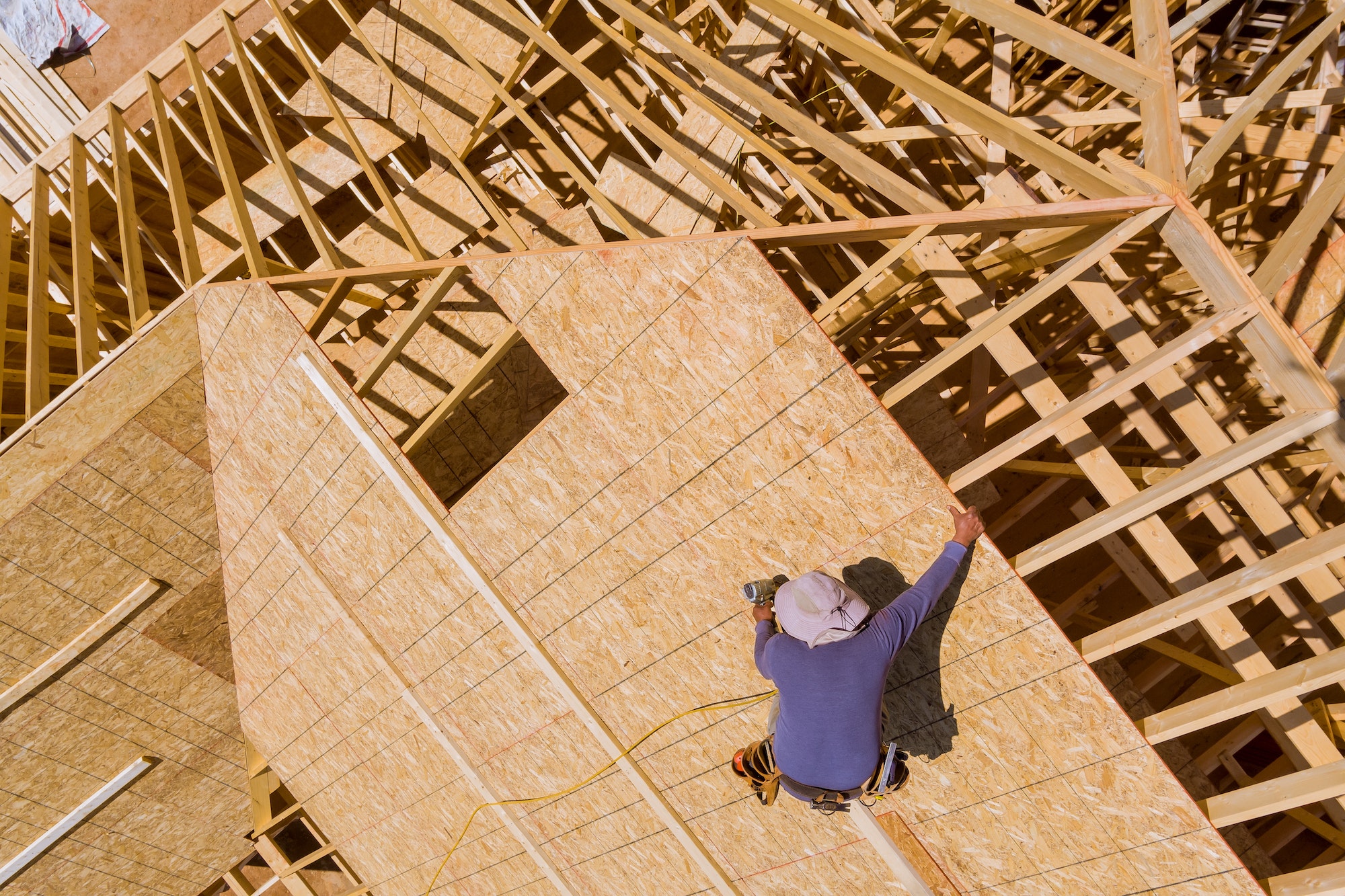 Carpenter with nailing plywood on roof of the house