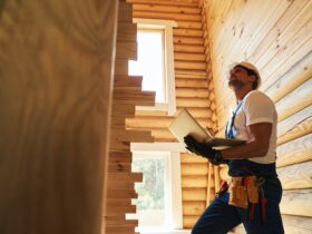 Construction worker with laptop providing house examination