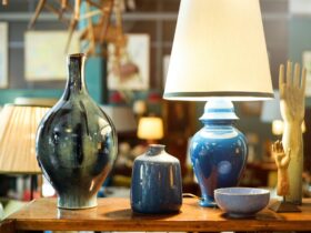 Display of handmade colorful glazed pottery or ceramics in a store