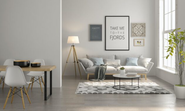 Interior of modern living room with sofa and furniture 3D rendering