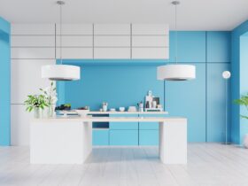Kitchen interior with wall on classic blue color.