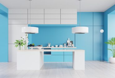 Kitchen interior with wall on classic blue color.