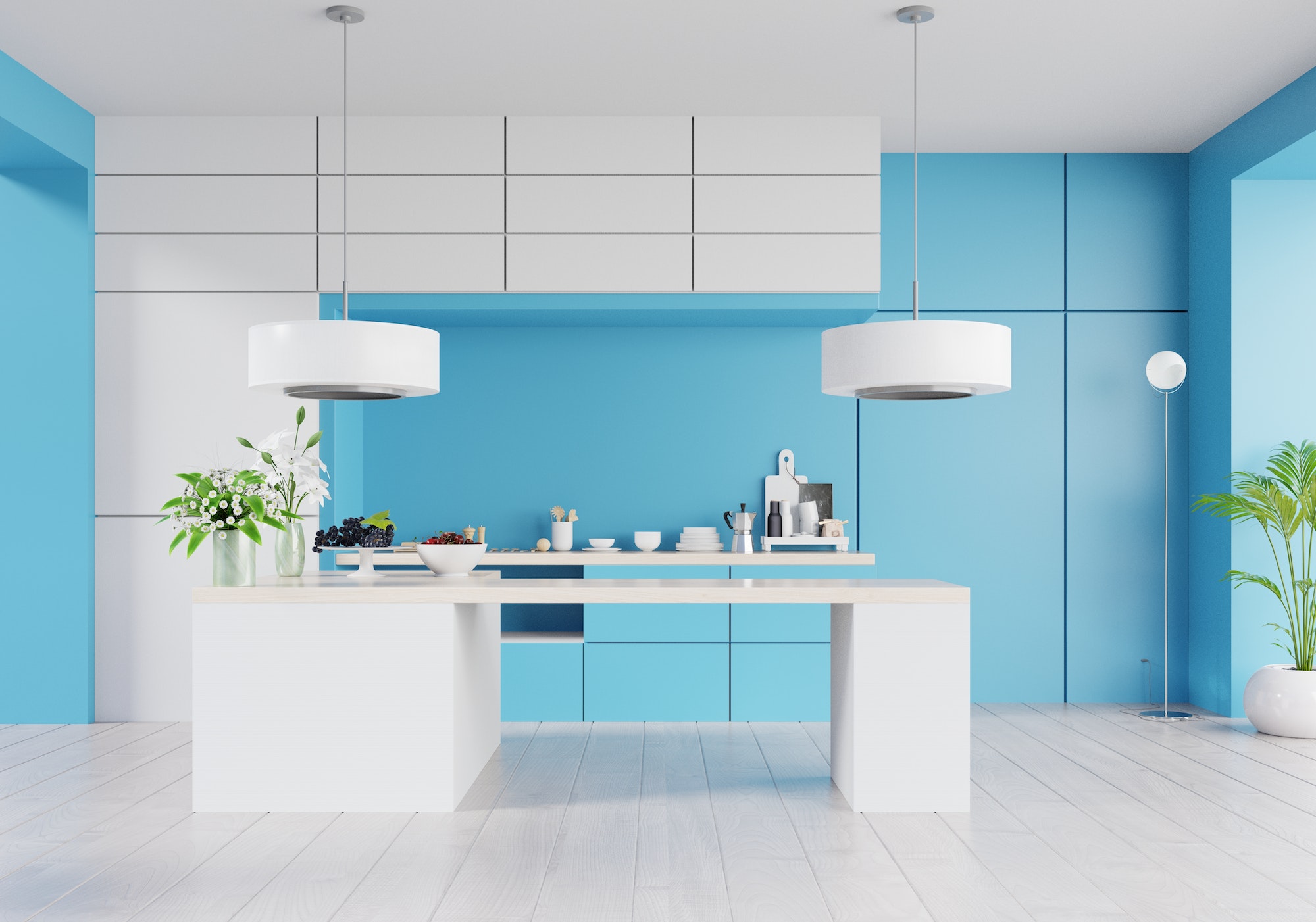 Kitchen interior with wall on classic blue color.