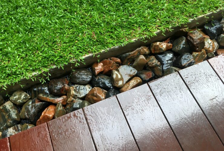 Lawn and rocks at the edge of balcony