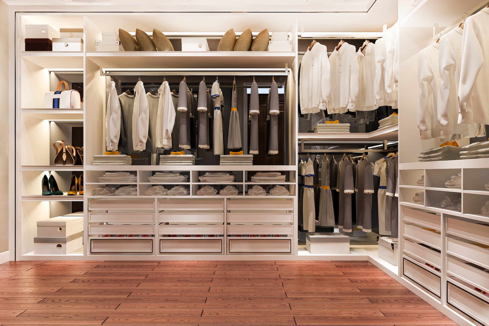 luxury wood walk in closet with wardrobe and wood floor