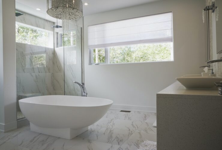 Modern interior design luxury bathroom with bath and glass walled shower