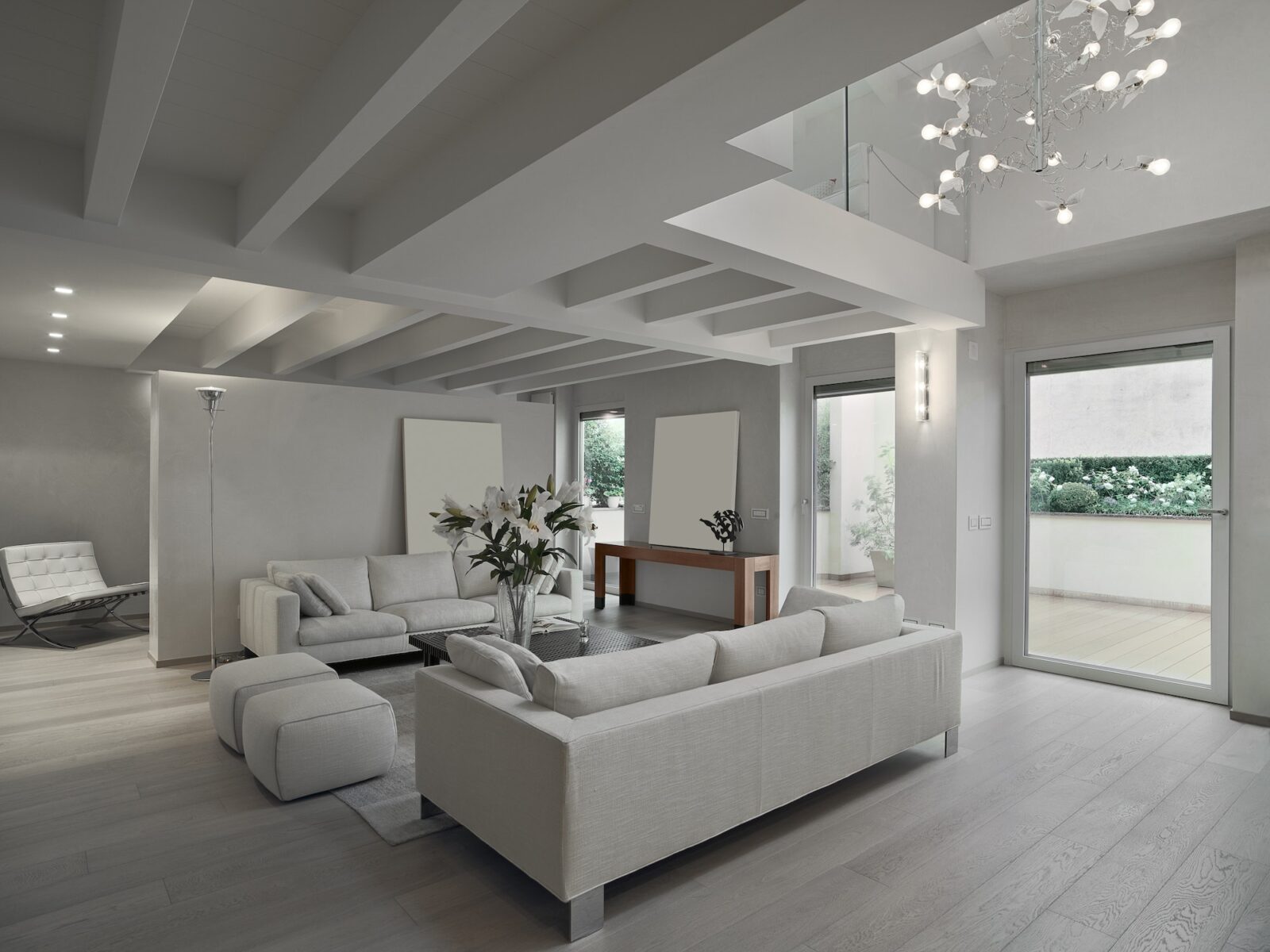 Modern Living Room in the Attic Room with Wooden Floor