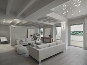 Modern Living Room in the Attic Room with Wooden Floor