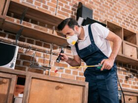 pest control worker spraying pesticides in kitchen and using flashlight