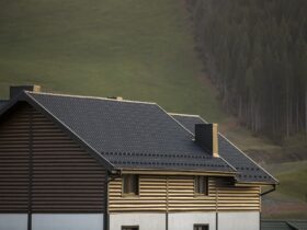 Roof of cottage with siding walls, brown shingle roof and high chimneys in ecological area
