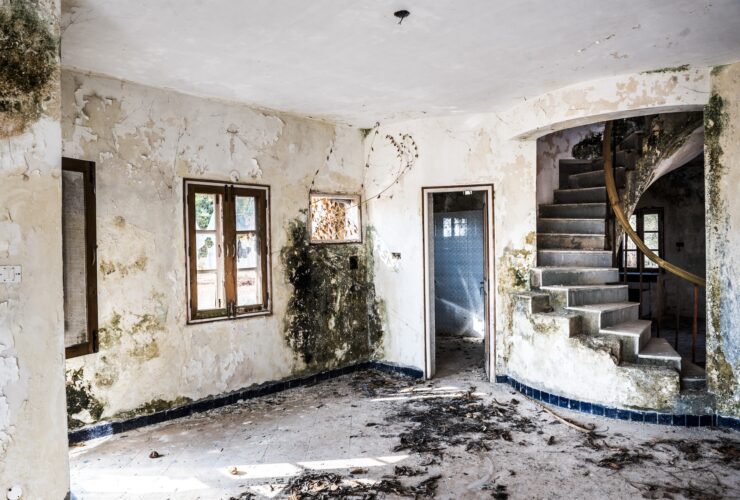 Ruins of Abandoned, derelict old buildings of a Hotel Complex at Agonda, broken, damaged and ruined,