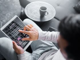 Tablet, sofa or man with smart home system for air conditioning, safety security network or house a
