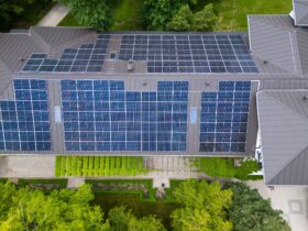 The modern house with a roof designed as a large solar panel, blending style and sustainability. Its