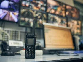 Walkie-talkie placed on an office desk in a control room