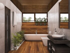 3D rendering contemporary wood bathroom with plants